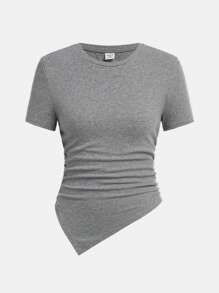 SHEIN Áo thun tay ngắn không đối xứng cạp chun đơn giản cho bé gái tuổi teen 2 chiếc - Màu Xám nhạt - Xem 4