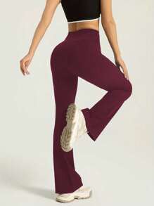 修身高腰喇叭裤 - 弹力面料，喇叭裤，适合瑜伽和健身，透气女士健身服 - 酒紅色 - 查看 1