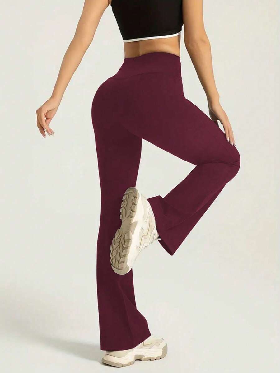 修身高腰喇叭裤 - 弹力面料，喇叭裤，适合瑜伽和健身，透气女士健身服 - 酒紅色 - 查看 1
