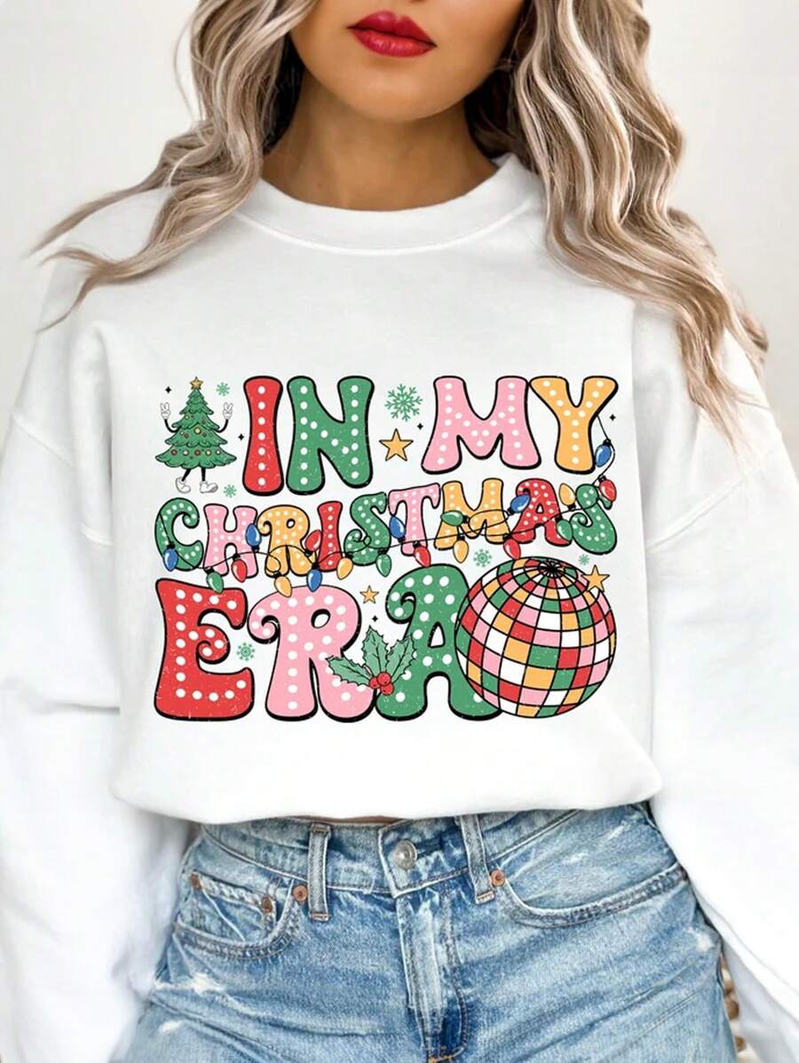 INAWLY Women's Slogan Print Round Neck Drop Shoulder Long Sleeve Casual Sweatshirt, Autumn/Winter,Long Sleeve Tops Pullover Fall - White - View 1