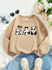 SHEIN Leap Crew بلوزة كاجوال بنقشة دب بانك كم طويل للبنات المراهقات، اللون الخاكي