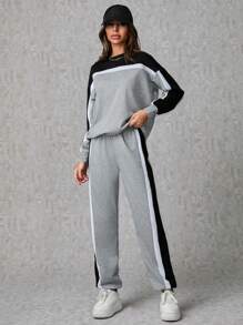 EURMUSE Cotton Colorblock Detail Sweatshirt + Sweatpants Set - Grey - View 3
