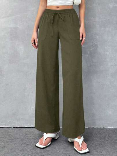 Flirla 女式纯色休闲抽绳口袋阔腿裤
