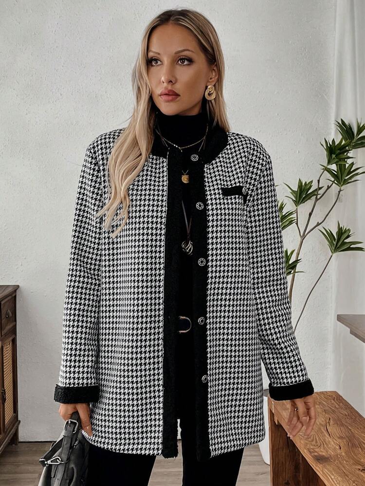Women's Button Down Color Block Long Sleeve Fashionable Slim Fit Houndstooth Jacket