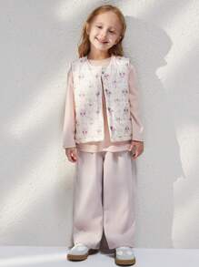 Blossori Young Girls French Elegant Beige Micro-Ditsy Floral Woven Fitted Round Neck Sleeveless Coat, Autumn/Winter - Apricot - View 4