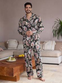 Manfinity ChillVibe Men's Paisley Print Long Sleeve Pajama Set - Multicolor - View 3