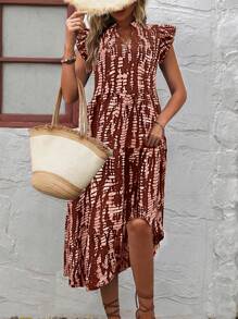 SHEIN LUNE All-Over Print Notch Neck Cap Sleeve Casual Vacation Dress
