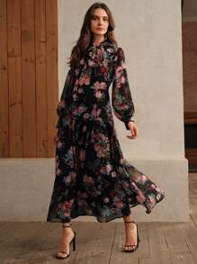 Anewsta Women Fall Gloomy Style Floral Print Dress Maxi Women Outfit - Multicolor - View 3