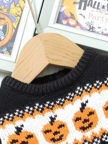 2pcs/Set Baby Boy Fall Pumpkin Pattern Long Sleeve Sweater And Footie Pants Outfit For Halloween - Black - View 4