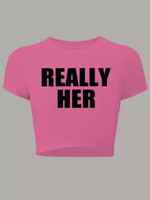 INAWLY Áo thun nữ mùa hè in chữ cổ tròn tay ngắn dáng ôm vừa vặn, áo thun họa tiết Y2k THẬT SỰ CÔ ẤY - Màu Hồng Tươi - Xem 1