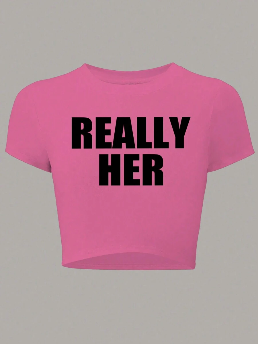 INAWLY Áo thun nữ mùa hè in chữ cổ tròn tay ngắn dáng ôm vừa vặn, áo thun họa tiết Y2k THẬT SỰ CÔ ẤY - Màu Hồng Tươi - Xem 1