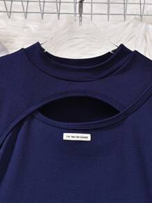2 piezas/Set Conjunto informal para niñas preadolescentes con camiseta de manga larga hueca 2 en 1 y pantalones vaqueros con parche en forma de corazón - Azul - Ver 3