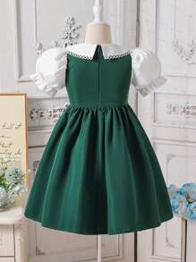 SHEIN Vestido de niña elegante, princesa, de academia, con cuello Peter Pan, manga abullonada, 2 en 1, con cuello cuadrado, de línea A, de longitud hasta la rodilla, con bordado floral en contraste, adecuado para verano, escuela, vuelta al cole, banquetes, actuaciones, reuniones familiares, vacaciones y viajes.