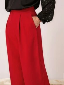 SHEIN LUNE 女士纽扣腰带口袋时尚直腿休闲优雅长裤 - 紅色 - 查看 6