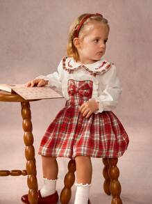 SHEIN Baby Girls Casual Plaid Patchwork Collared Shirt And Bow Tie Skirt Set, Autumn - White - View 3