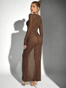 Hauture Sheer Maxi Party Dress With Pearl Embellishments