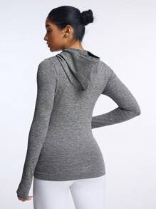 SHEIN Sports Áo thun thể thao trùm đầu cổ khóa kéo dài tay màu trơn cho nữ, mùa xuân và mùa thu - Xám - Xem 2