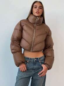 Aloruh 女士新款秋冬性感时尚日常通勤修身哑光前拉链高领短款加厚外套 - 棕色 - 查看 5