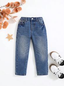 Cozy Pixies Young Boys Casual Retro Distressed Basic Cat Whiskers Washed Loose Fit Blue Denim Tapered Pants,Casual Suitable For Young Boys Fall/Winter Clothes