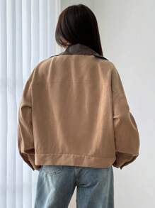Flirla Áo khoác nữ Colorblock vai trễ vai dài tay cổ PU, mùa xuân thu - Màu Khaki - Xem 2