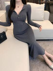 DAZY Women's Half-Placket Textured Ribbed Long Bodycon Dress,Fall Dress Long Sleeve Dress - Dark Grey - View 2