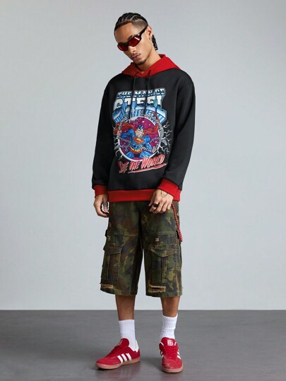 SUPERMAN X ROMWE Felpa con cappuccio casual da uomo con stampa di eroi e slogan cartoni animati, coulisse e colore a contrasto, per primavera e autunno