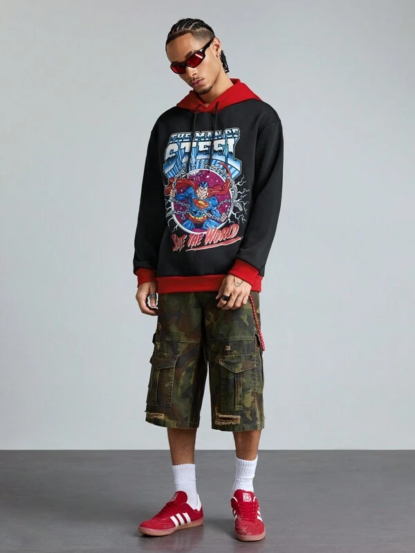 ROMWE MEN SUPERMAN X ROMWE メンズ カジュアル パーカー付き スウェットシャツ、カーラーンキャラクター&スロ-ガンプリント、コントラストカラ-, 春秋シーズン