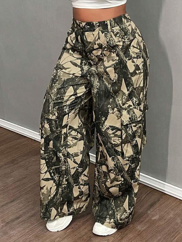 Slaydiva Pantalones rectos de mujer de talla grande con estampado de ramas de plantas de verano y otoño en verde oscuro y verde