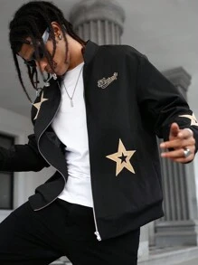Manfinity EMRG 男士休闲星星字母刺绣夹克，秋季 - 黑色 - 查看 1