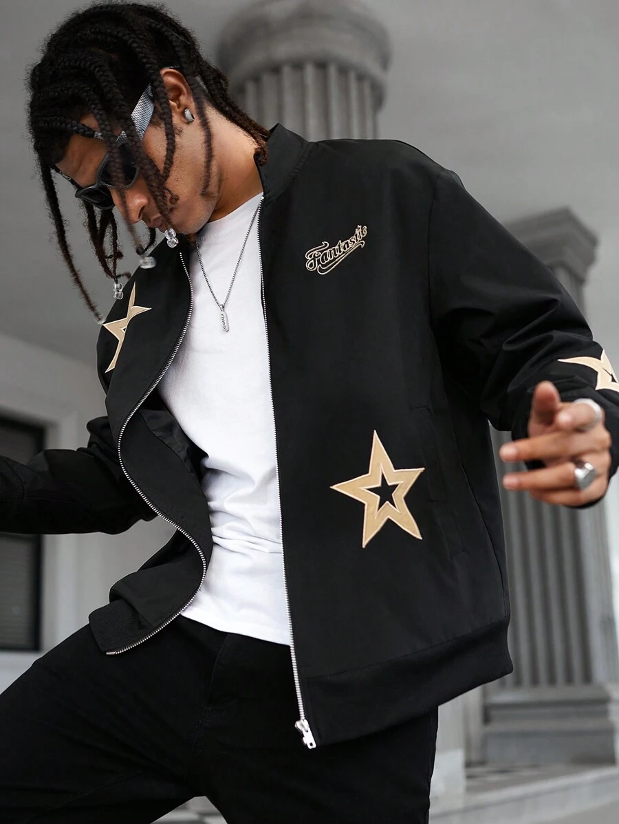 Manfinity EMRG 男士休闲星星字母刺绣夹克，秋季 - 黑色 - 查看 1