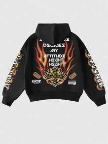 ROMWE MEN Street Life Men's Retro Graphic Print Loose Cropped Hoodie