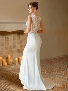 性感蕾丝贴花与串珠美人鱼婚纱，白色优雅新娘礼服