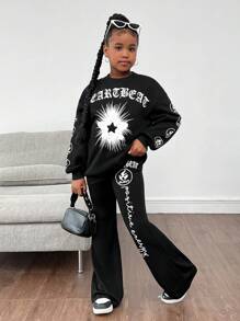 SHEIN Tween Girls Gothic Style Star & Text Graphic Print Thermal Lined Oversized Sweatshirt And Flare Pants Set