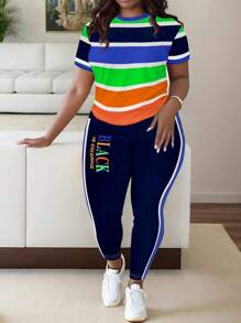 Maweii 2pcs Plus Size Fashion Colorful Striped Print T-Shirt And Leggings Casual Summer Set - Multicolor - View 3