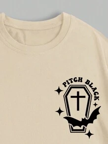 INAWLY Áo thun nữ cổ tròn rộng rãi, hở vai, in khẩu hiệu mùa hè cỡ lớn, họa tiết dơi - Màu Khaki - Xem 5