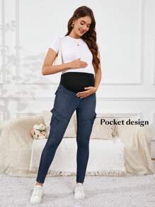 SHEIN Adjustable Waist Maternity Tight-Fit Casual Denim Pants With Pockets,Stretchy Knit Jeans - Medium Wash - View 4