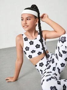 SHEIN Conjunto de 2 piezas de top de tirantes y leggings con estampado floral transpirable y que absorbe la humedad, adecuado para gimnasia, yoga, danza y deportes, para niñas preadolescentes, apto para todas las estaciones