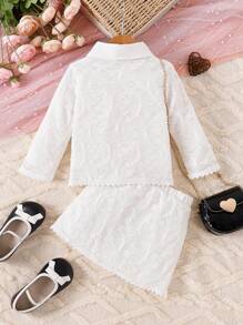 Baby Girl Solid Color Peter Pan Collar Long Sleeve Buttoned Blouse & Skirt 2pcs Set, Spring And Summer - White - View 2