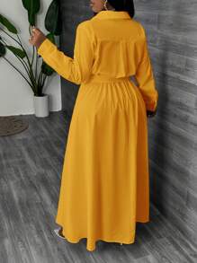 Slaydiva Jesienne stroje Sukienka nauczycielska Commuter Elegance damska Plus Size Maxi Sukienki damskie Długa sukienka w stylu koszuli w kształcie litery A w kolorze białym - z paskiem w talii - Żółty - Zobacz 2