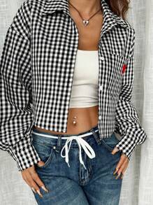 Áo sơ mi hở vai rộng rãi thêu hình trái tim kẻ sọc mùa xuân và mùa hè cho bé gái tuổi teen - Đen và trắng - Xem 5