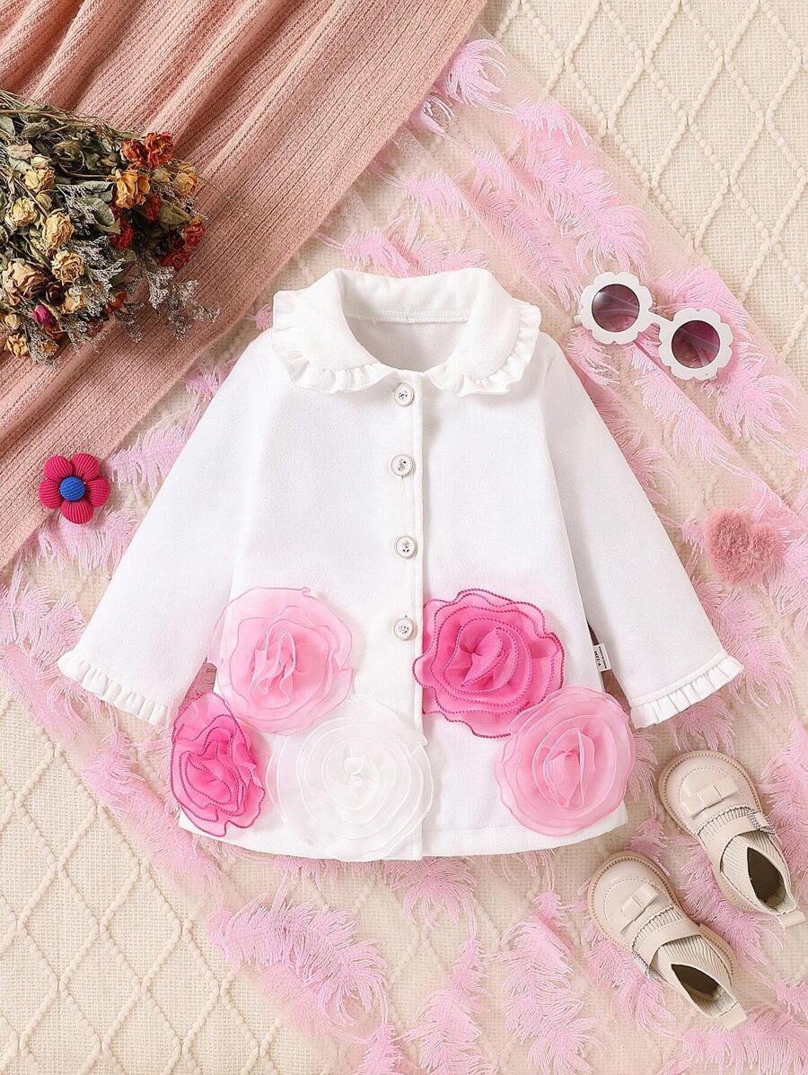 SHEIN 1pc Baby Girls Warm & Elegant Knitted Flower Decor Jacket, Fall/Winter - Multicolor - View 1