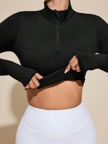 SHEIN Sports Yoga Basic Solid Fleece Warm Half-Zip Short Sports Sweatshirt With Thumb Hole - Black - View 2