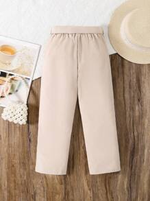 SHEIN 年轻女孩休闲水钻装饰长裤 - 杏色 - 查看 2