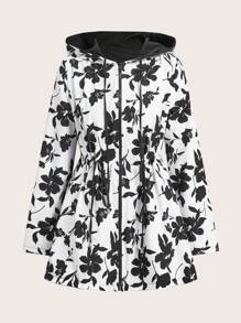 SHEIN Clasi Women's Reversible Windbreaker Jacket, Black & White Floral Print On One Side, Solid Color On The Other Side, Autumn/Winter  Fall Outfits Essentials Hoodie