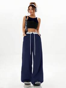 Coolane Pantalon de jogging ample à blocs de couleurs graphiques hip hop d'été pour femmes - Bleu marine - Voir 7