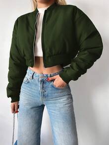 EURMUSE 女性純色落肩拉鍊短夾克 - 綠色 - 查看 3
