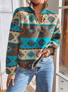 SHEIN Essnce Women Autumn And Winter Fair Isle Geometric Print Pullover Sweatshirt,Quarter Zip,Teddy ,Christmas Clothes,Winter Clothes,Fall Clothes,Zip Up Women Hoodie,Fall Outfits, Long Sleeve Tops - Multicolor - View 4