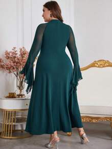 Modelyn Vestido largo elegante de talla grande para mujer con mangas acampanadas decoradas con perlas falsas de malla, vestidos línea A elegantes para fiesta de noche/invitado de boda/vestidos largos de noche para aniversario - Verde Oscuro - Ver 2