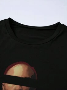 INAWLY 2pcs Set: Man Wearing Necklace Pattern Printed Round Neck Short Sleeve Top And Pants - Black - View 4