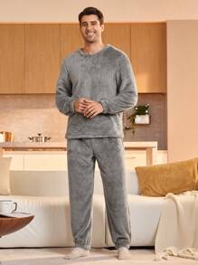 Manfinity Underwear&Sleepwear Basics Conjunto de pijama de polar de unicolor, con top de manga larga y pantalones para hombre, otoño/invierno